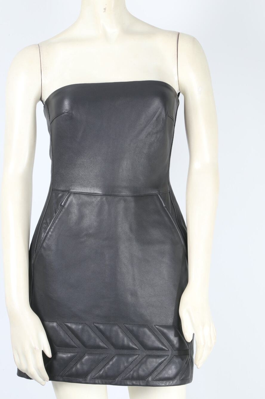 DAVID KOMA Black Lamb Leather Tyre Track Padded Hem Strapless Mini Dress UK 8 S
